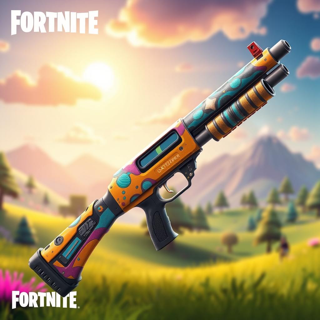 A highly detailed and vibrant depiction of the 'Gatekeeper' shotgun from Fortnite, showcasing its unique and striking design