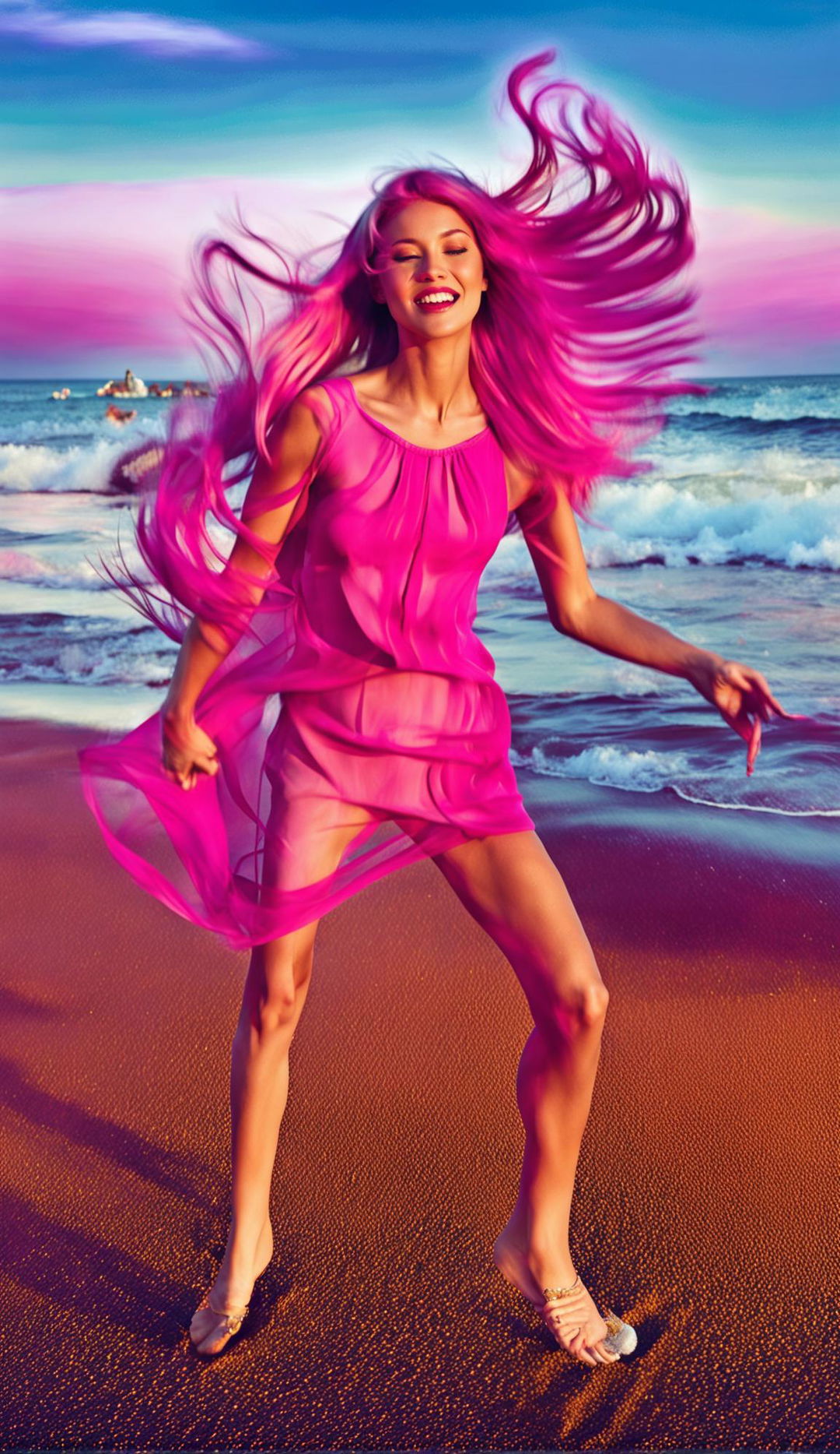 A 32k resolution photograph of a pink-haired supermodel dancing joyfully on a beach at sunset.