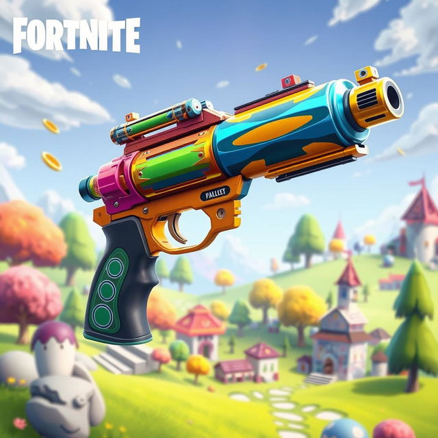 A detailed depiction of the Fortnite weapon known as the 'Drum Gun', designed with vibrant colors and a glossy finish