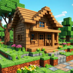 A detailed Minecraft-style village house, crafted from various textured wooden blocks and cobblestones, surrounded by vibrant green grass and a colorful flower patch