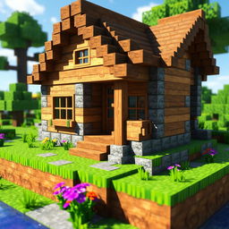 A detailed Minecraft-style village house, crafted from various textured wooden blocks and cobblestones, surrounded by vibrant green grass and a colorful flower patch