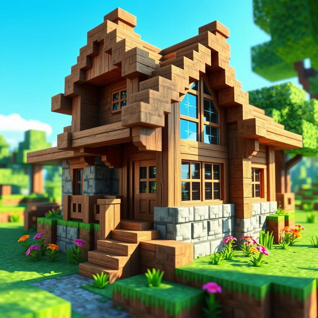 A detailed Minecraft-style village house, crafted from various textured wooden blocks and cobblestones, surrounded by vibrant green grass and a colorful flower patch