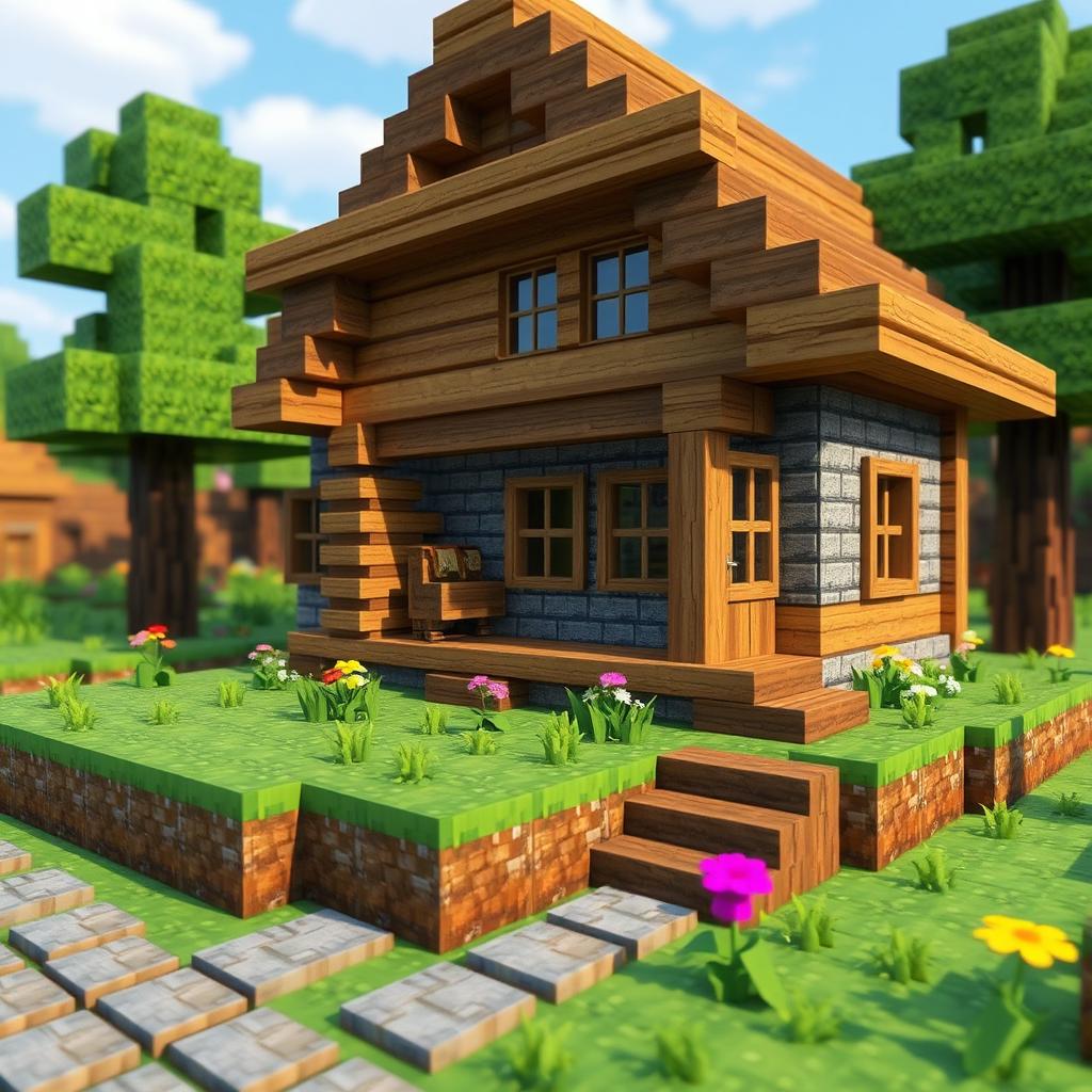 A detailed Minecraft-style village house, crafted from various textured wooden blocks and cobblestones, surrounded by vibrant green grass and a colorful flower patch