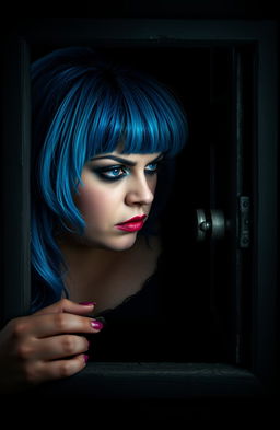 A striking image of a plus size woman with vibrant blue hair, her intense expression conveying deep emotions as she gazes through a window on a locked door