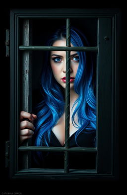 A striking image of a plus size woman with vibrant blue hair, her intense expression conveying deep emotions as she gazes through a window on a locked door