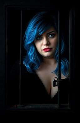 A striking image of a plus size woman with vibrant blue hair, her intense expression conveying deep emotions as she gazes through a window on a locked door