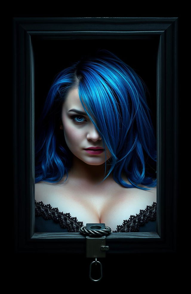 A striking image of a plus size woman with vibrant blue hair, her intense expression conveying deep emotions as she gazes through a window on a locked door