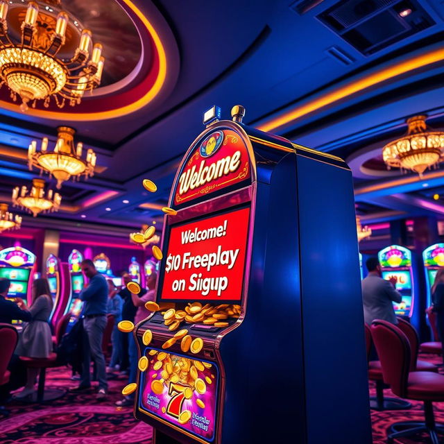 A vibrant casino scene showing excitement and glamour, with a focus on a gleaming slot machine displaying a sign that reads 'Welcome! $10 Freeplay on Signup'