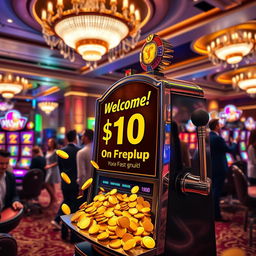 A vibrant casino scene showing excitement and glamour, with a focus on a gleaming slot machine displaying a sign that reads 'Welcome! $10 Freeplay on Signup'