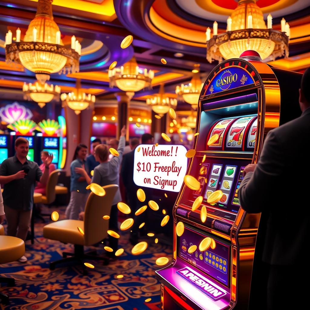 A vibrant casino scene showing excitement and glamour, with a focus on a gleaming slot machine displaying a sign that reads 'Welcome! $10 Freeplay on Signup'