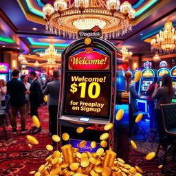 A vibrant casino scene showing excitement and glamour, with a focus on a gleaming slot machine displaying a sign that reads 'Welcome! $10 Freeplay on Signup'