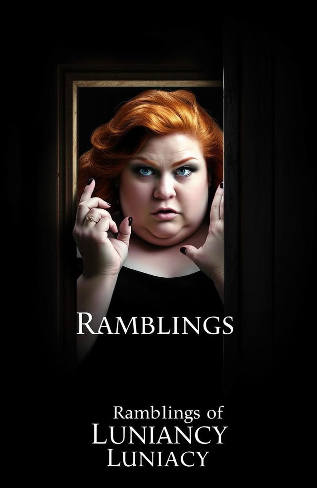 A plus-size woman with ginger hair, displaying an insane expression on her face, gazing through the window of a locked door