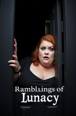 A plus-size woman with ginger hair, displaying an insane expression on her face, gazing through the window of a locked door