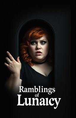 A plus-size woman with ginger hair, displaying an insane expression on her face, gazing through the window of a locked door