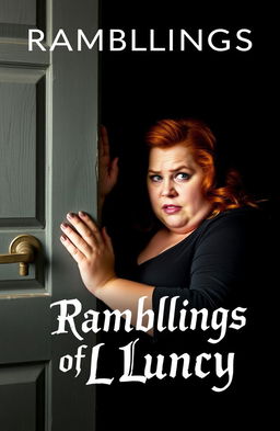 A plus-size woman with ginger hair, displaying an insane expression on her face, gazing through the window of a locked door