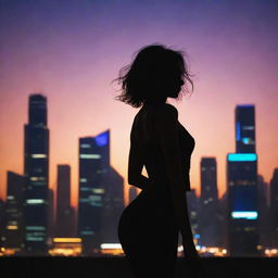 Silhouette of a slender, graceful girl wearing a top, dancing against a backdrop of a large, vibrant night city