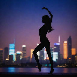 Silhouette of a slender, graceful girl wearing a top, dancing against a backdrop of a large, vibrant night city