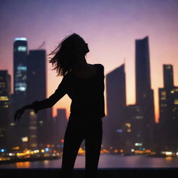 Silhouette of a slender, graceful girl wearing a top, dancing against a backdrop of a large, vibrant night city