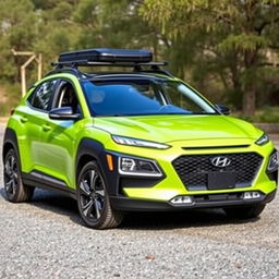 A sleek 2020 Hyundai Kona painted in a vibrant lime green color, featuring a stylish roof rack