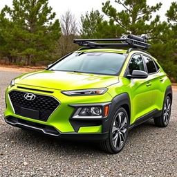 A sleek 2020 Hyundai Kona painted in a vibrant lime green color, featuring a stylish roof rack