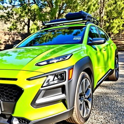 A sleek 2020 Hyundai Kona painted in a vibrant lime green color, featuring a stylish roof rack