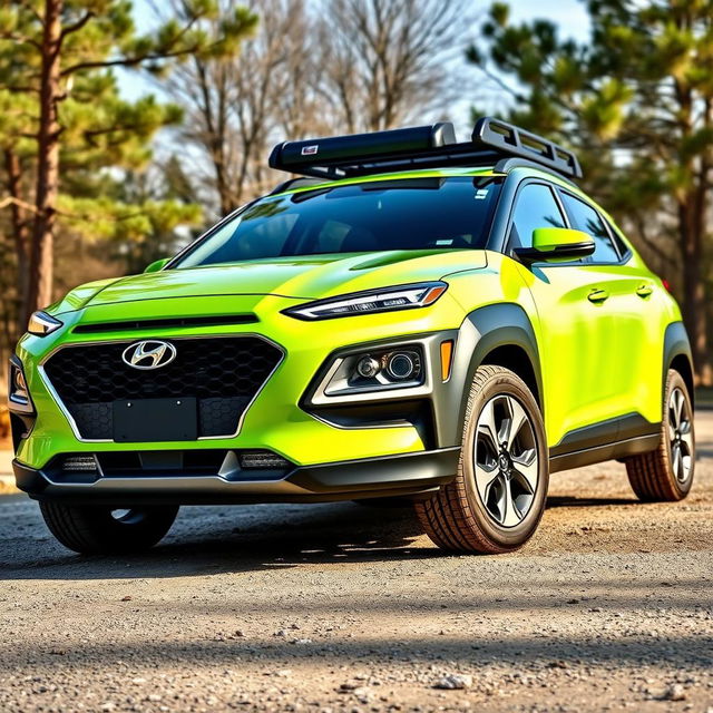 A sleek 2020 Hyundai Kona painted in a vibrant lime green color, featuring a stylish roof rack