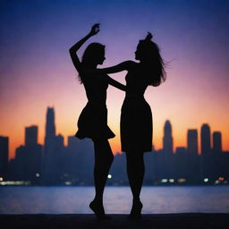 Silhouette of a slender, graceful girl wearing a top, dancing against a backdrop of a large, vibrant night city