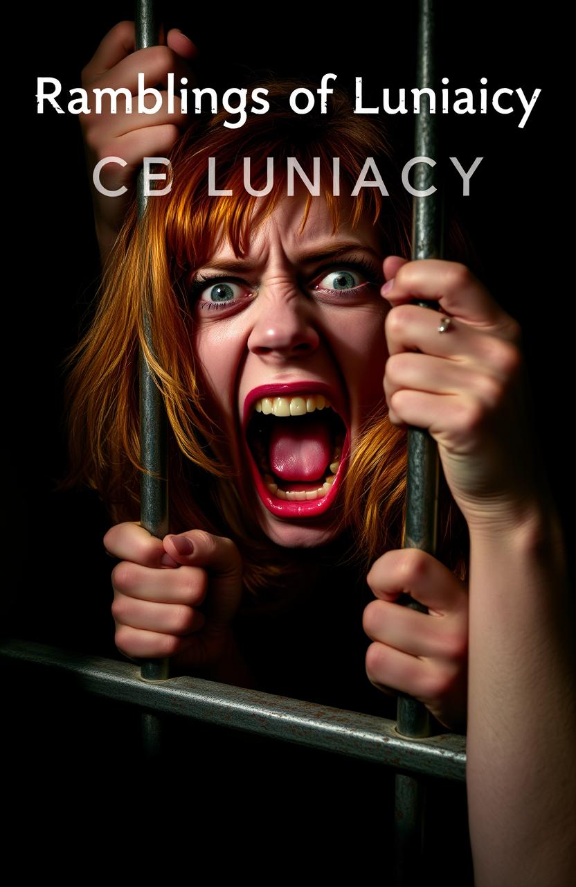 A haunting image titled 'Ramblings of Lunacy', featuring a woman with vibrant ginger hair and a manic expression on her face, passionately grabbing onto metallic bars in a dark, confined space