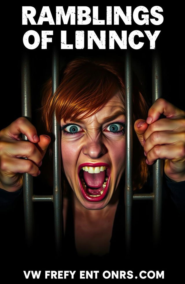 A haunting image titled 'Ramblings of Lunacy', featuring a woman with vibrant ginger hair and a manic expression on her face, passionately grabbing onto metallic bars in a dark, confined space