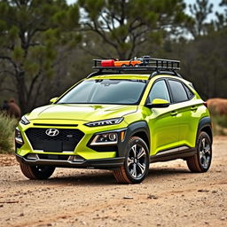 A vibrant lime green 2020 Hyundai Kona, featuring a rugged roof rack and off-road tires