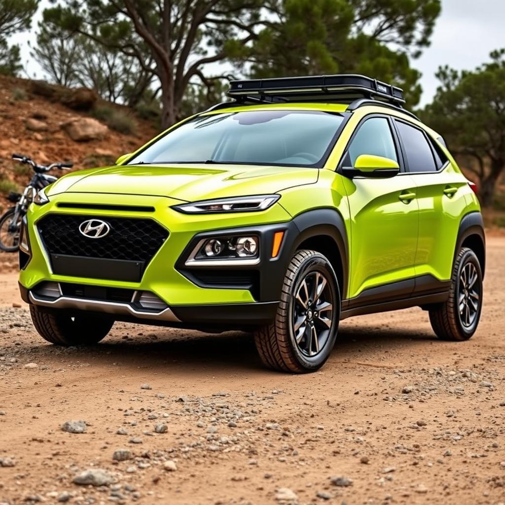 A vibrant lime green 2020 Hyundai Kona, featuring a rugged roof rack and off-road tires