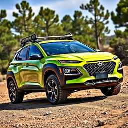 A vibrant lime green 2020 Hyundai Kona, featuring a rugged roof rack and off-road tires