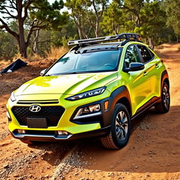 A vibrant lime green 2020 Hyundai Kona, featuring a rugged roof rack and off-road tires