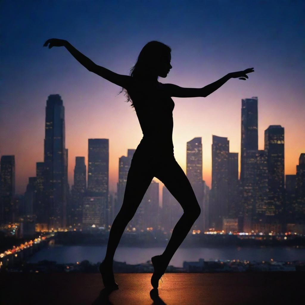 Generate an image of a striking silhouette of a slender girl dancing, wearing a top, with a backdrop of a large city illuminated at night