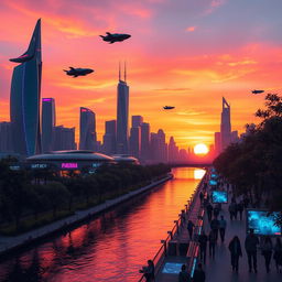 A futuristic city skyline at sunset, showcasing sleek skyscrapers with neon lights, flying cars zipping through the air, and a vibrant atmosphere