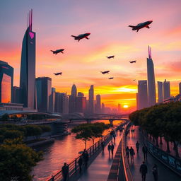 A futuristic city skyline at sunset, showcasing sleek skyscrapers with neon lights, flying cars zipping through the air, and a vibrant atmosphere