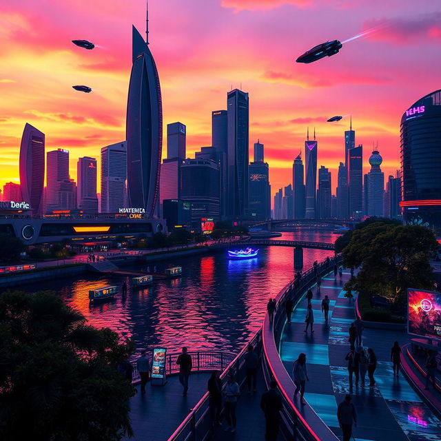 A futuristic city skyline at sunset, showcasing sleek skyscrapers with neon lights, flying cars zipping through the air, and a vibrant atmosphere