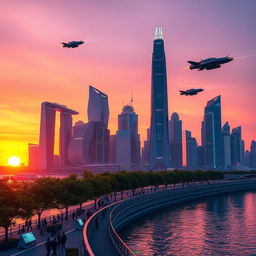A futuristic city skyline at sunset, showcasing sleek skyscrapers with neon lights, flying cars zipping through the air, and a vibrant atmosphere