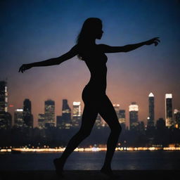 Generate an image of a striking silhouette of a slender girl dancing, wearing a top, with a backdrop of a large city illuminated at night