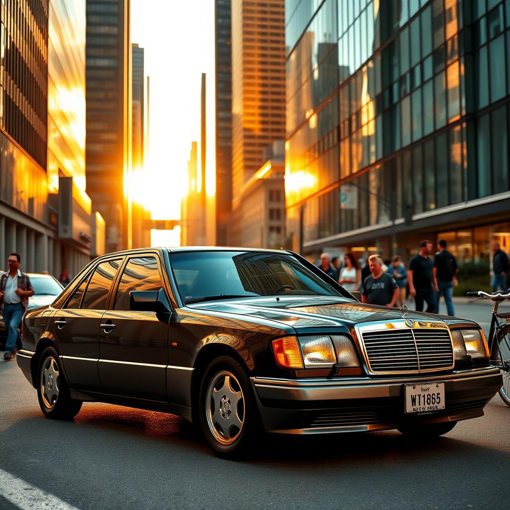 A sleek and stylish W202 Mercedes-Benz in a vibrant urban setting, showcasing its classic lines and elegant design