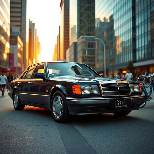 A sleek and stylish W202 Mercedes-Benz in a vibrant urban setting, showcasing its classic lines and elegant design