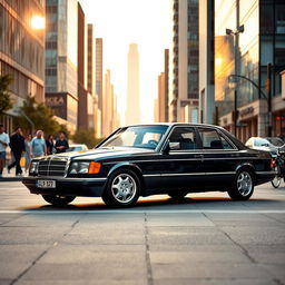A sleek and stylish W202 Mercedes-Benz in a vibrant urban setting, showcasing its classic lines and elegant design