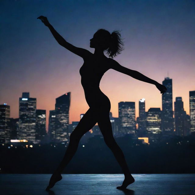 Generate an image of a striking silhouette of a slender girl dancing, wearing a top, with a backdrop of a large city illuminated at night