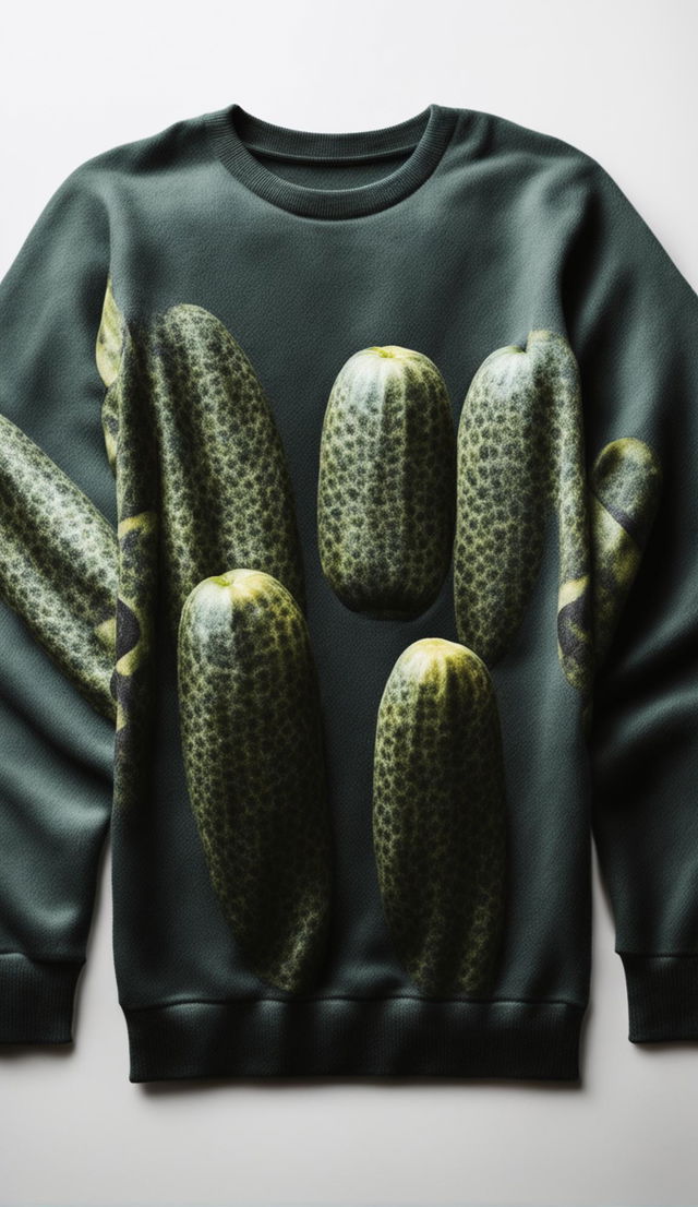 Close-up product editorial photo of a pickle print cashmere sweatshirt taken with a 200mm lens at 32k resolution.