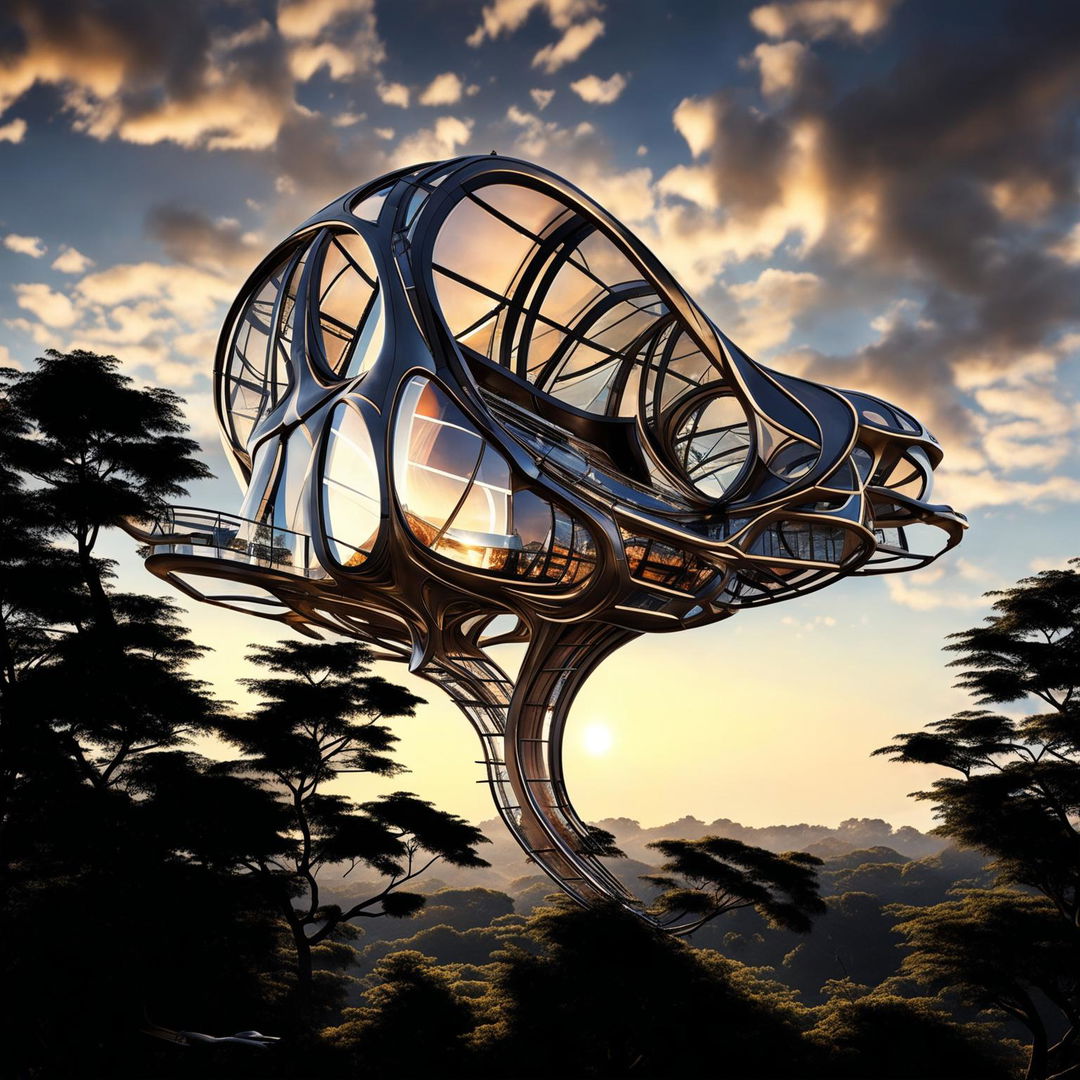 A Santiago Calatrava-inspired futuristic tree house floating in the air, bathed in warm sunlight without vignetting