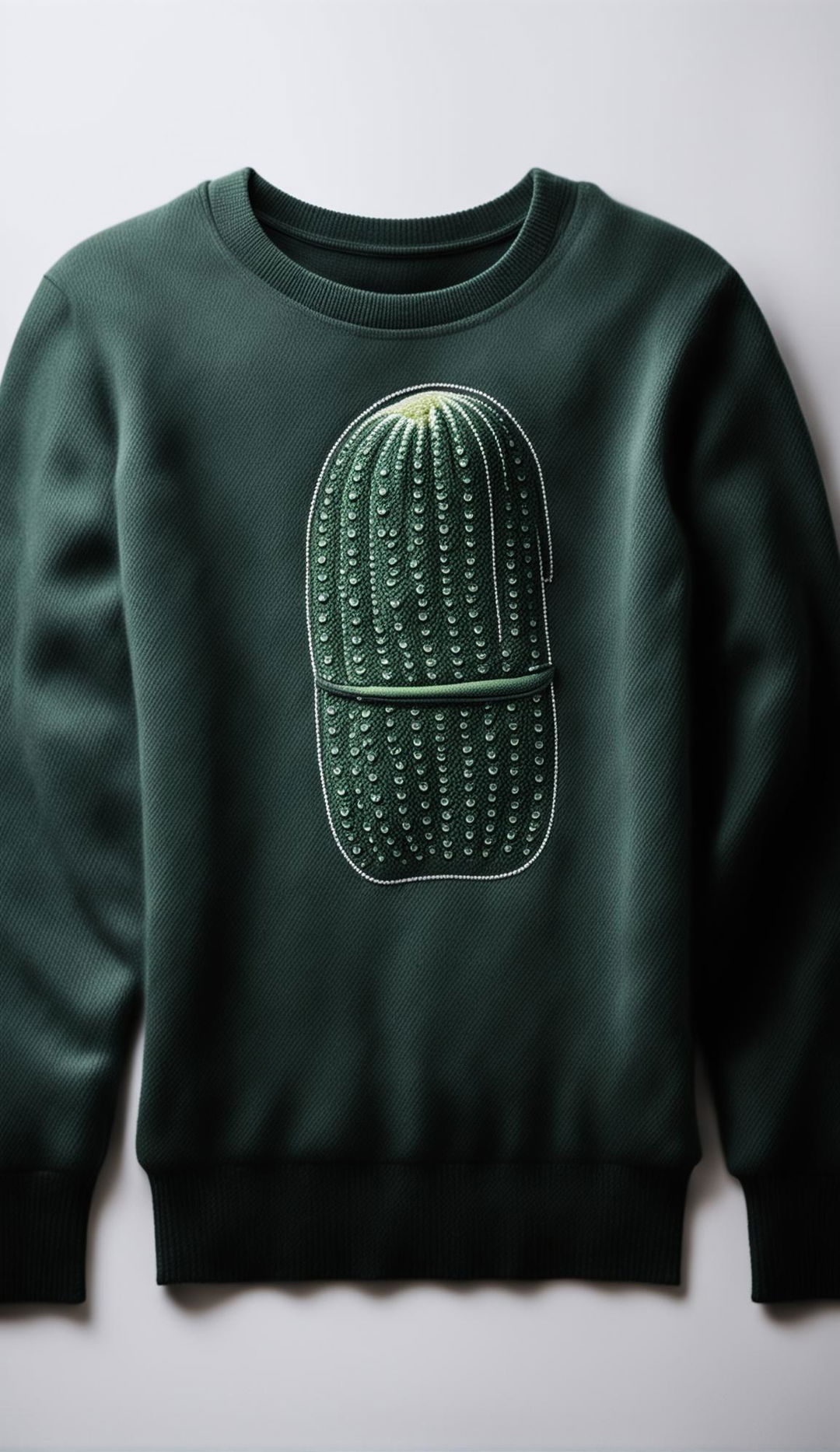 Close-up product editorial photo of a cashmere sweatshirt with a pickle logo taken with a 200mm lens at 32k resolution.