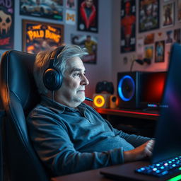 An elderly man sitting comfortably in a gaming chair, wearing headphones, deeply focused while playing a computer game