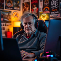 An elderly man sitting comfortably in a gaming chair, wearing headphones, deeply focused while playing a computer game