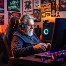 An elderly man sitting comfortably in a gaming chair, wearing headphones, deeply focused while playing a computer game