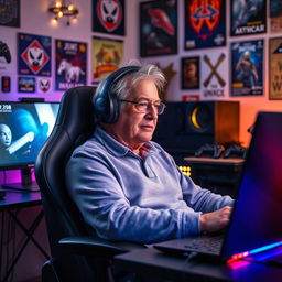 An elderly man sitting comfortably in a gaming chair, wearing headphones, deeply focused while playing a computer game